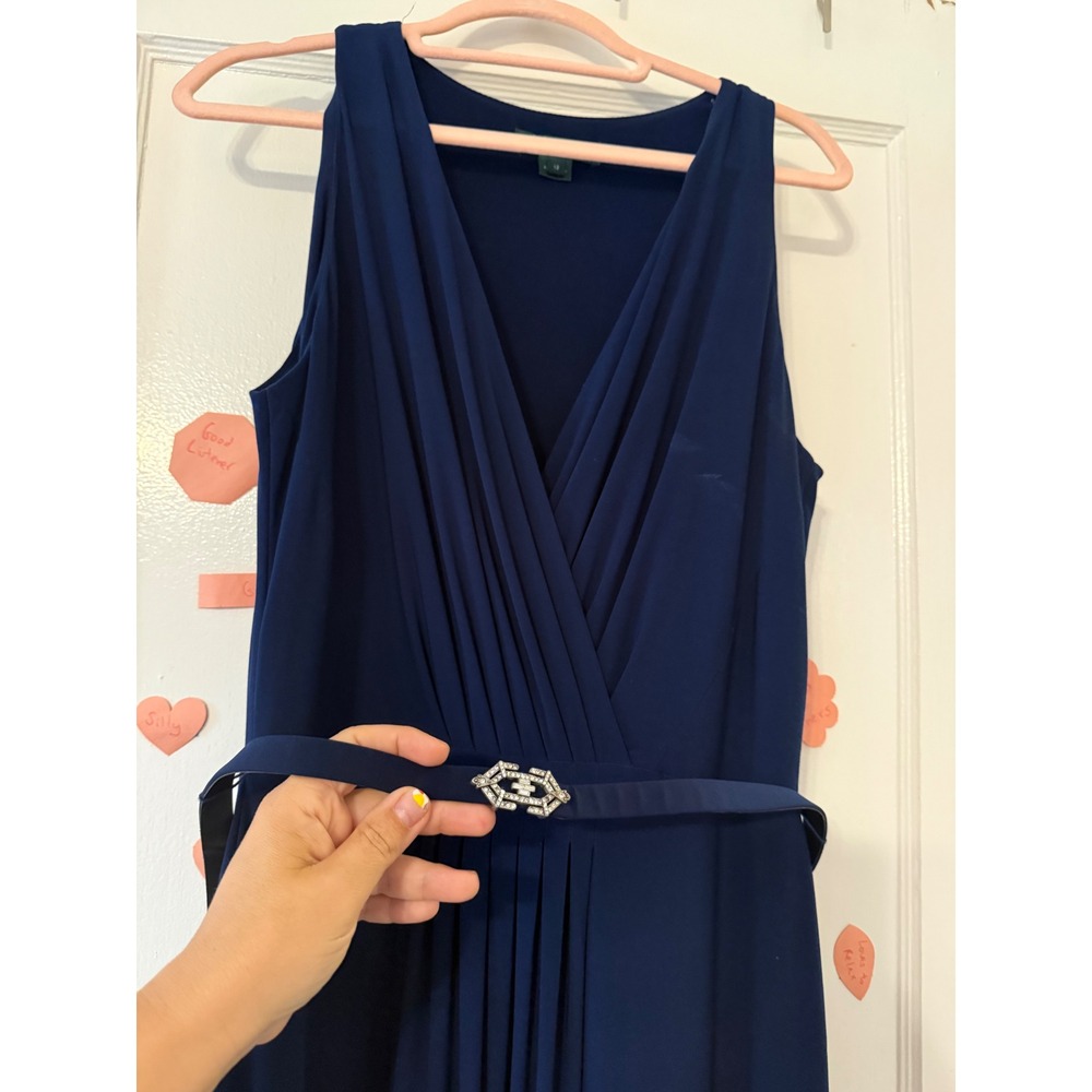 Lauren Ralph Lauren Evening Navy Blue Pleated Maxi Gown Rhinestone Belt 12